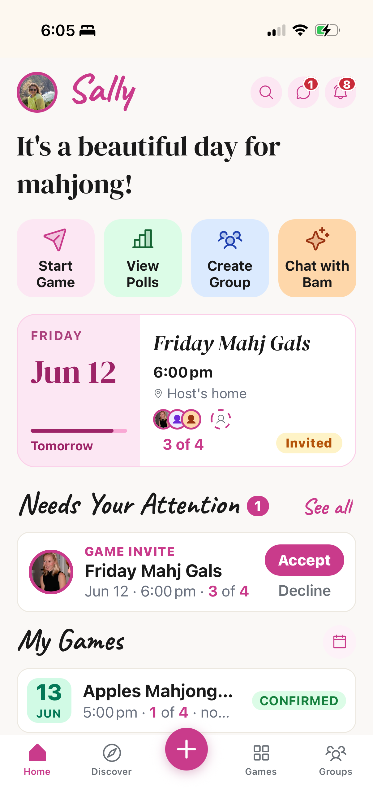 BamBuddies app home screen showing upcoming games and invites